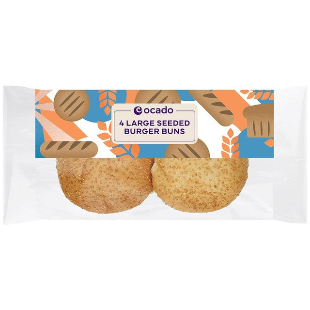 Ocado seeded burger buns 4 pack, imported from the UK
