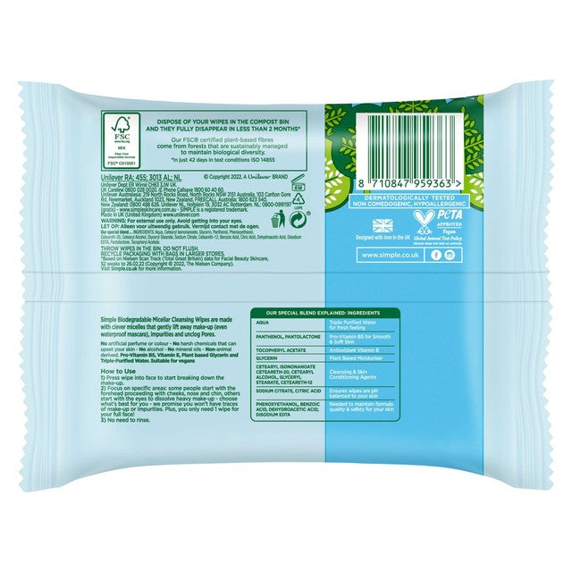 Simple Micellar Biodegradable Cleansing Wipes 40 Wipes (British brand)