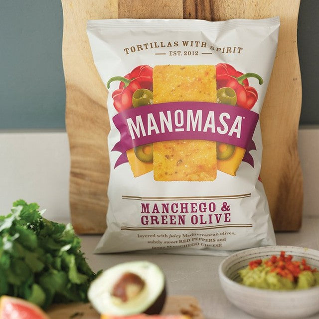 Manomasa Manchego & Green Olive tortilla chips 140g, imported from the UK