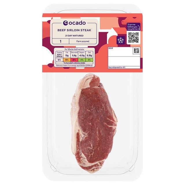 Ocado beef sirloin steak 225g, imported from the UK