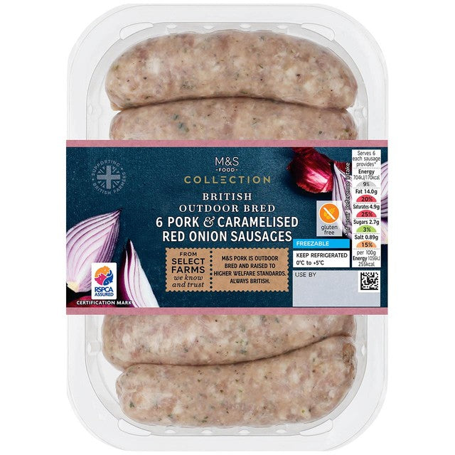 M&S pork and caramelised onion sausages 400g, imported from the UK