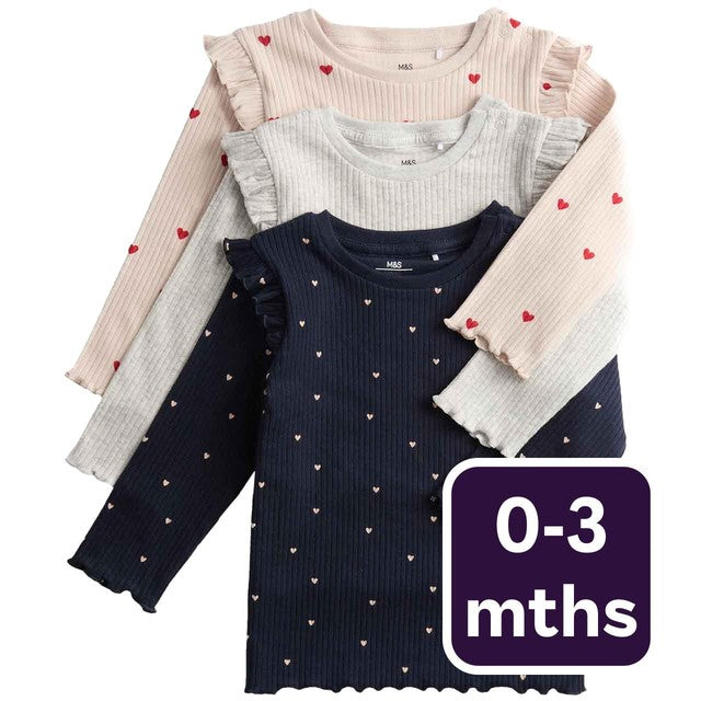 M&S Heart Print Cotton Tops Navy 0-3 Months, imported from the UK