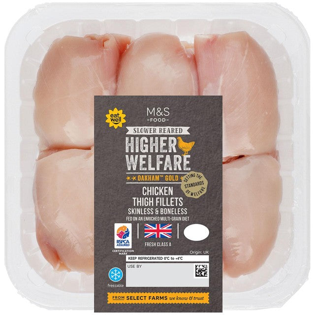 M&S Oakham Gold chicken thigh fillets 500g, imported from the UK