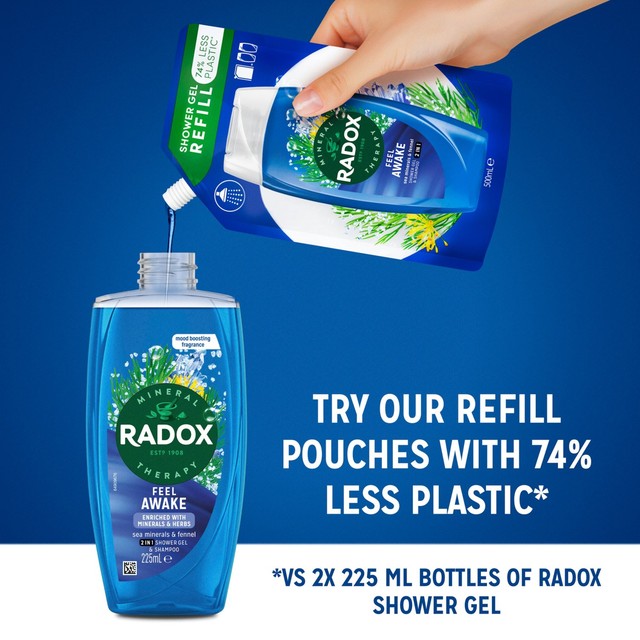 Radox Feel Awake shower gel and shampoo 225ml, imported from the UK
