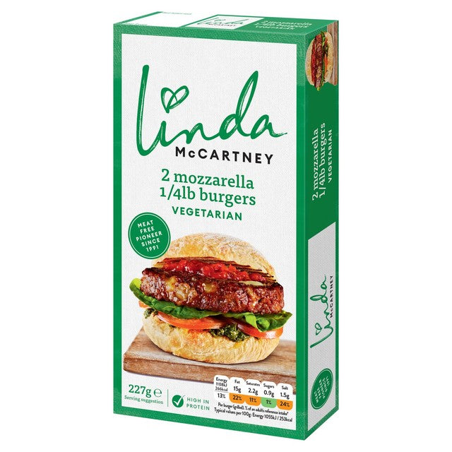 Linda McCartney mozzarella burgers 227g, UK version