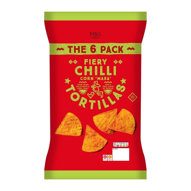 M&S fiery chilli tortilla chips multipack 6x30g, imported from the UK
