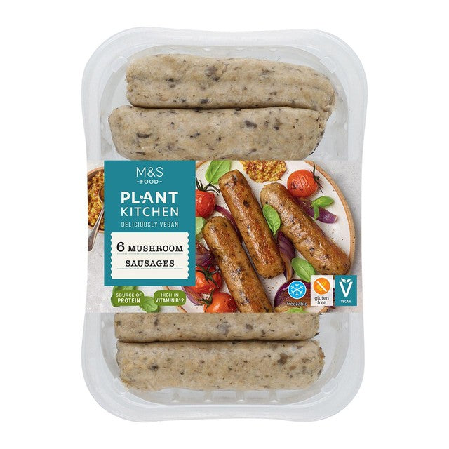 M&S vegan mushroom sausages 300g, imported from the UK