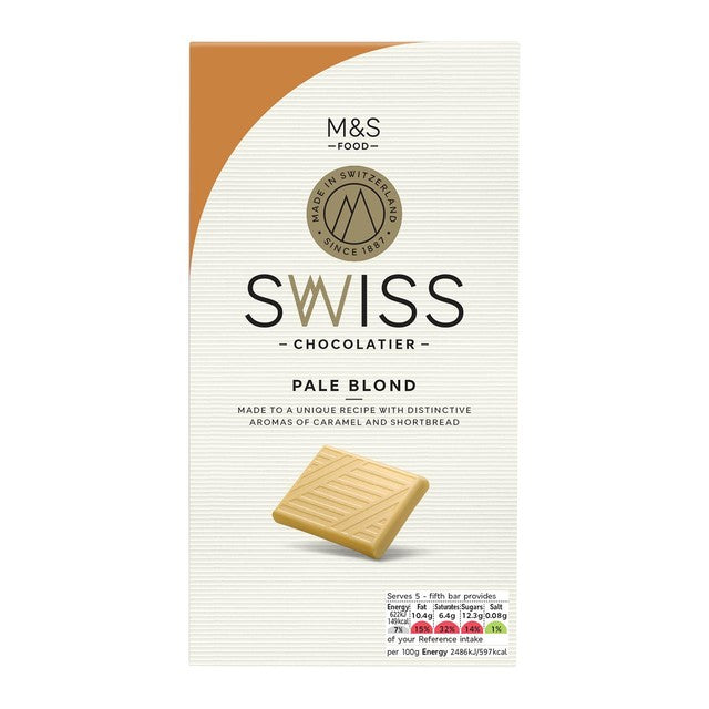 M&S Swiss Golden Blond white chocolate bar 125g, imported from the UK