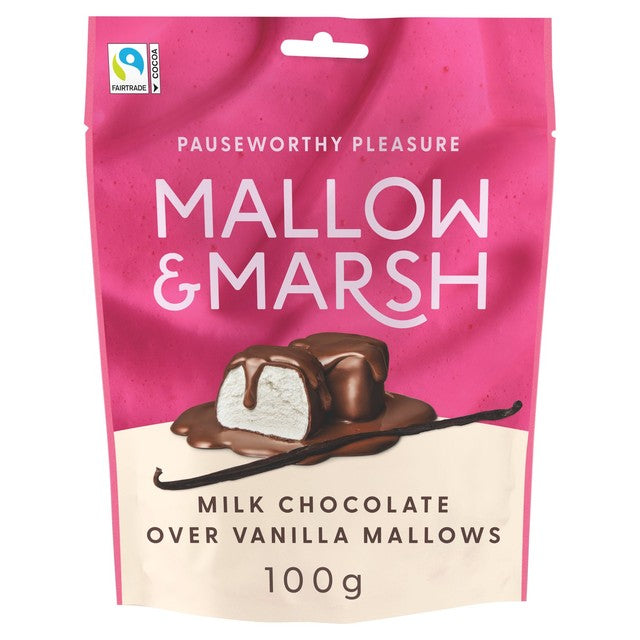 Mallow & Marsh vanilla chocolate coated marshmallows 100g, imported from the UK