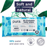 Pura plastic-free flushable baby wipes 3-pack of 60 each, imported from the UK