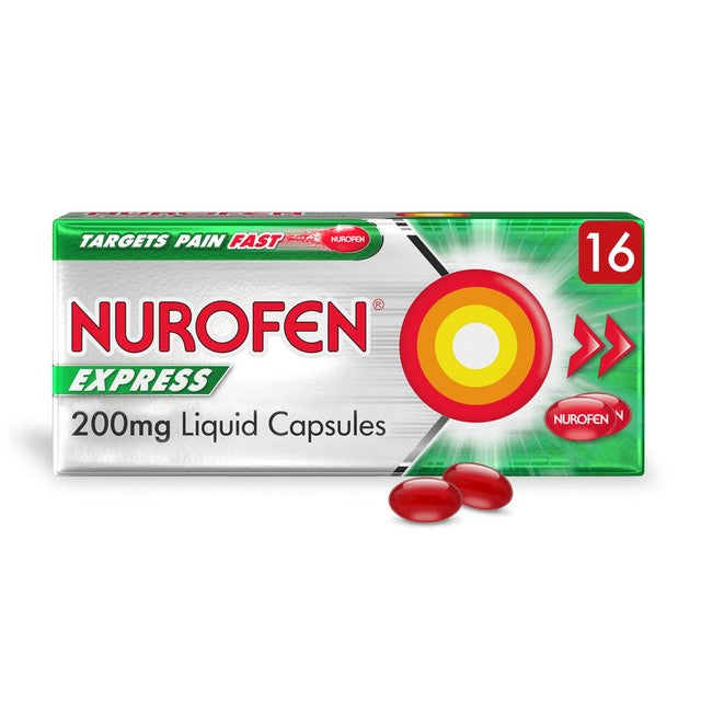 Nurofen Express Ibuprofen 200mg liquid capsules 16 pack, imported from the UK