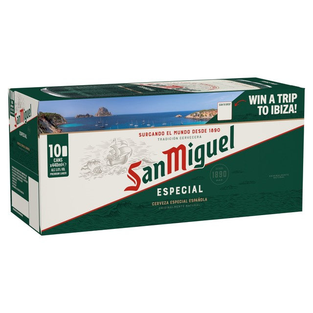 San Miguel Especial lager beer in 10 x 440ml cans (British brand)