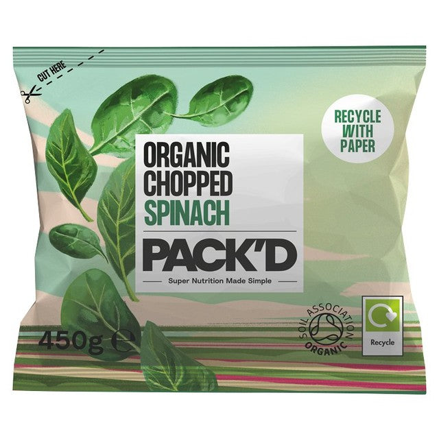 Pack'd organic chopped spinach 450g, imported from the UK