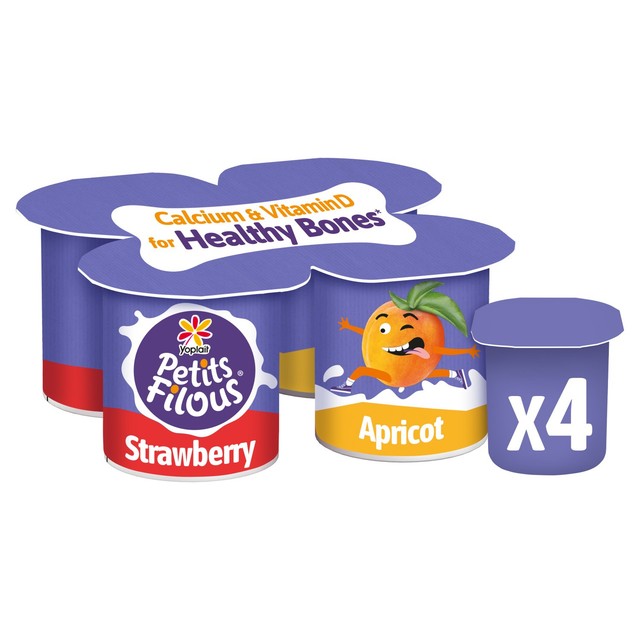 Petits Filous kids yoghurt pots strawberry and apricot 4 x 85g, imported from the UK