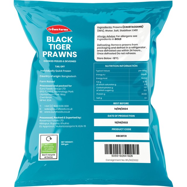 Crown Farms cooked peeled black tiger king prawns 200g - British product