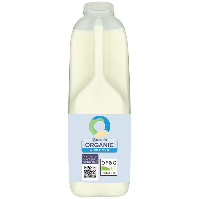 Ocado organic British whole milk 2 pints, imported from the UK