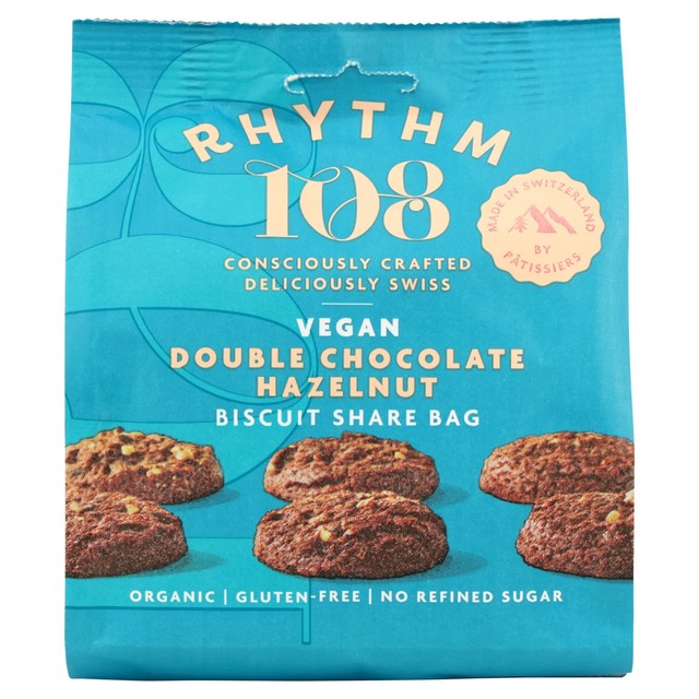 Rhythm 108 vegan double chocolate hazelnut biscuit share bag 135g, imported from the UK