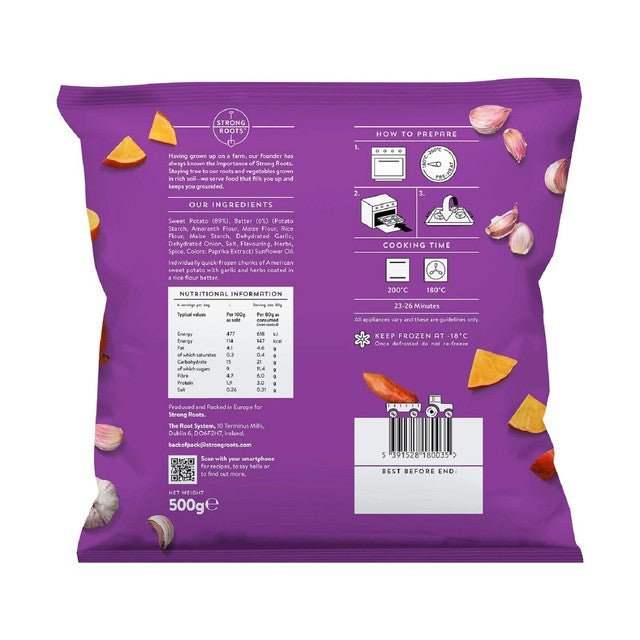Strong Roots garlic roasted sweet potato chunks 500g (British brand)