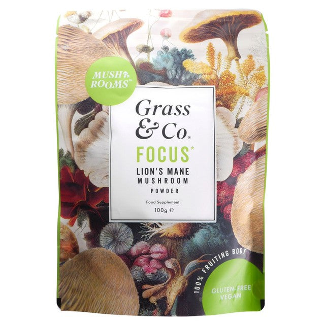 Grass & Co. Focus Lion's Mane Mushroom Powder with Ginseng & Omega-3 100g, UK version