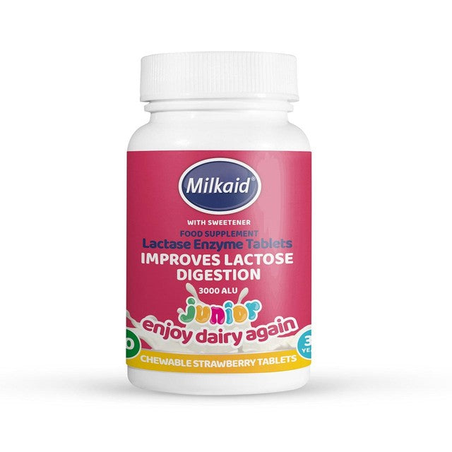 Milkaid Junior Lactase Digestion Tablets Strawberry Flavour 60 Tablets, imported from the UK