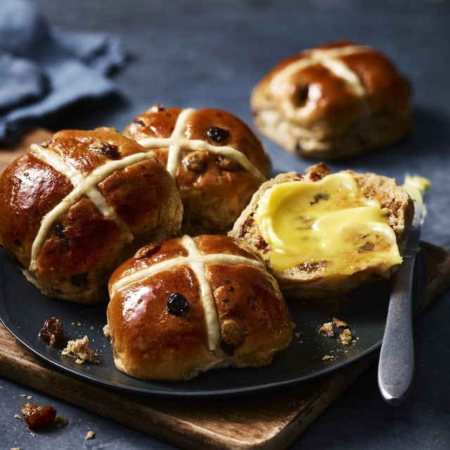 M&S fruited hot cross buns 4 pack, imported from the UK