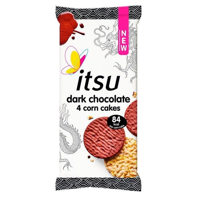 Itsu dark chocolate coated corn cakes, UK version