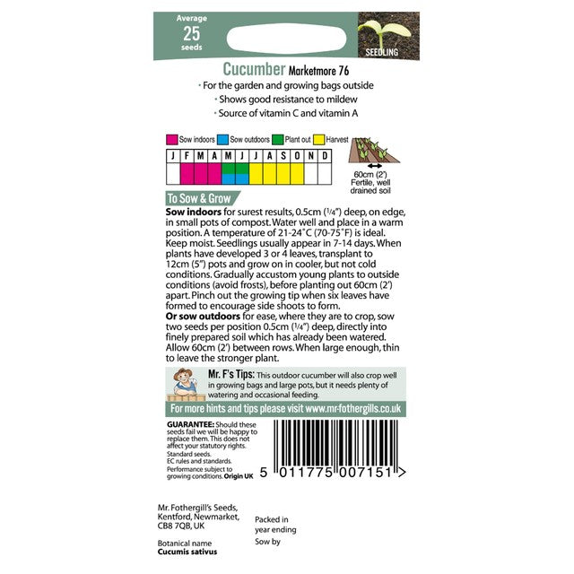 Mr Fothergill's Seeds Cucumber Marketmore 76 seeds - British product