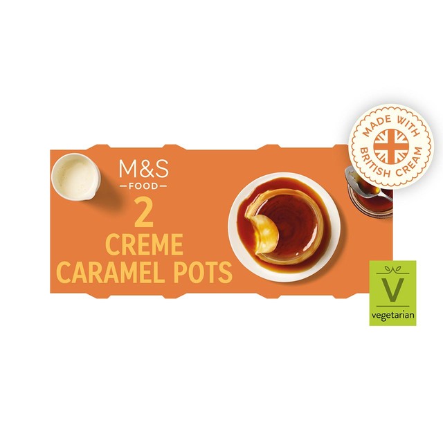 M&S creme caramel dessert with vanilla custard, imported from the UK