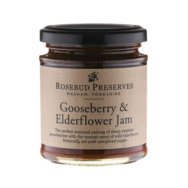 Rosebud Preserves Gooseberry & Elderflower Jam 227g, imported from the UK
