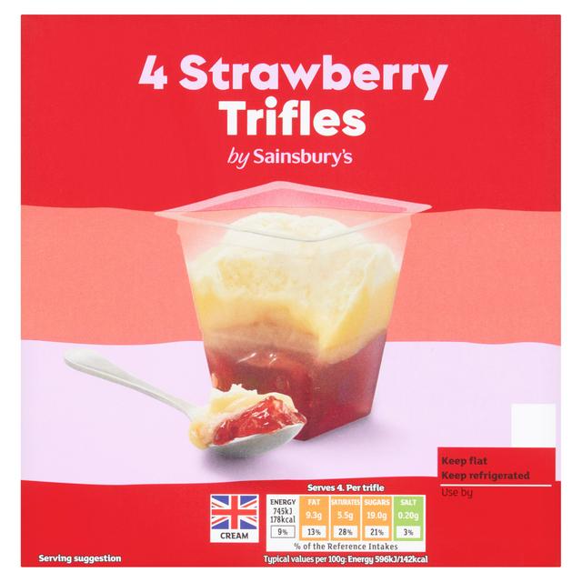 Strawberry Jelly and Sponge Trifle with Custard and Cream in 4 Pots, 125g Each