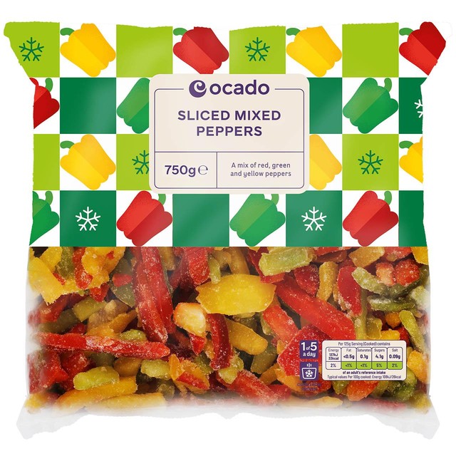 Ocado frozen sliced mixed peppers 750g, imported from the UK