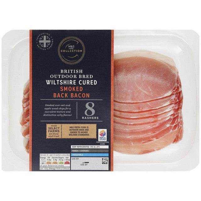 M&S British outdoor bred Wiltshire smoked back bacon 240g, imported from the UK