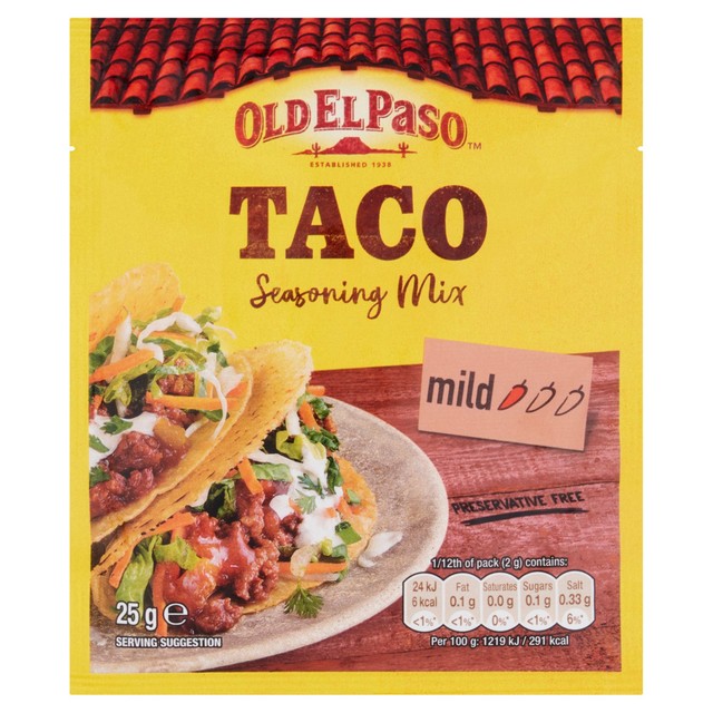 Old El Paso Garlic & Paprika Taco Seasoning Mix 25g, imported from the UK