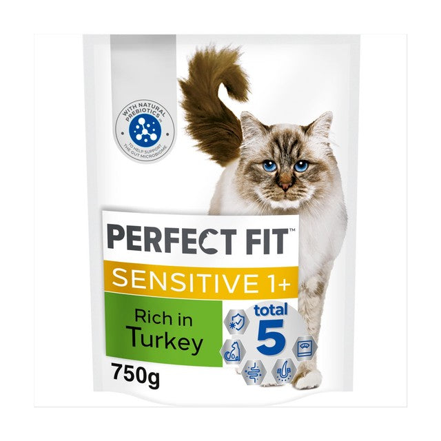 Perfect Fit Sensitive Turkey Dry Cat Food 750g, imported from the UK