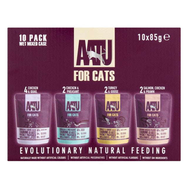 AATU adult cat food wet pouches variety pack 10 x 85g - British product