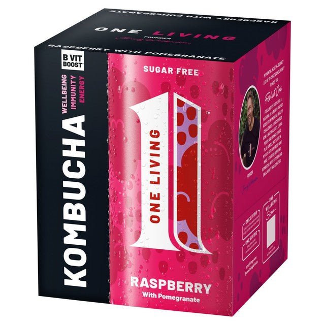 One Living Raspberry Kombucha Multipack 4 x 250ml, imported from the UK