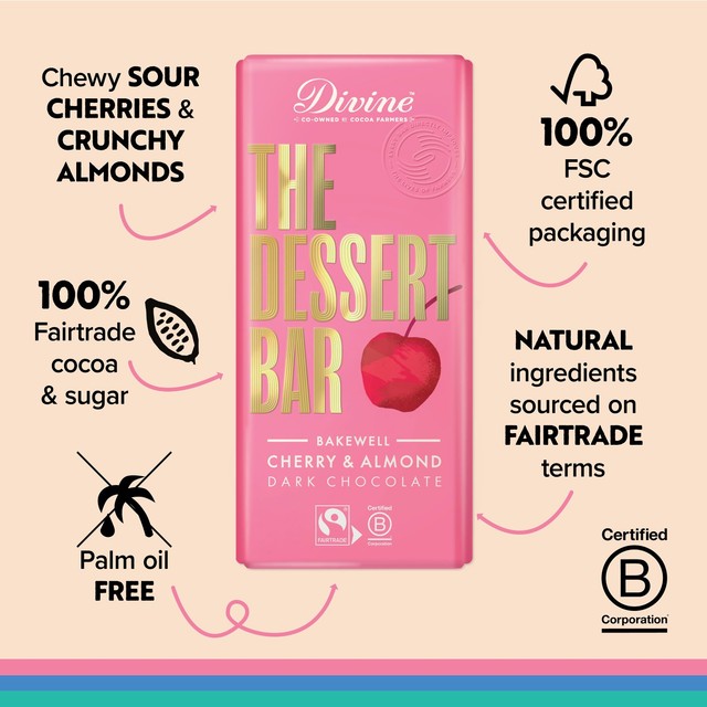 Divine dark chocolate Bakewell cherry almond dessert bar 180g - British product