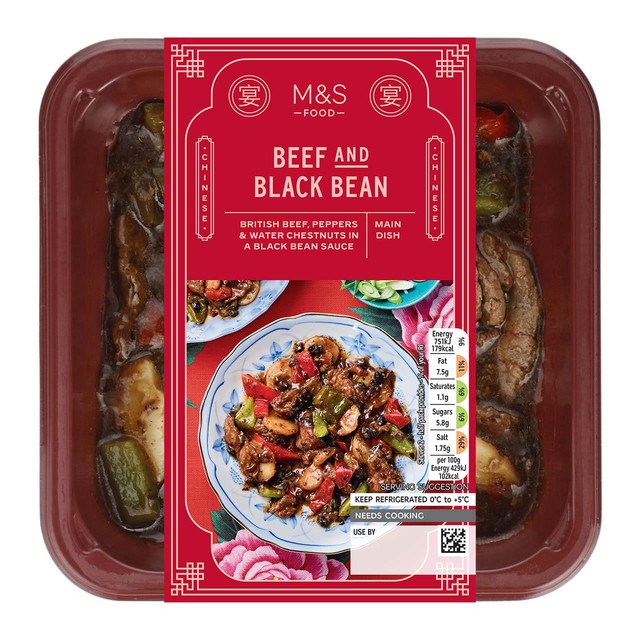 M&S beef black bean ready meal 350g, imported from the UK