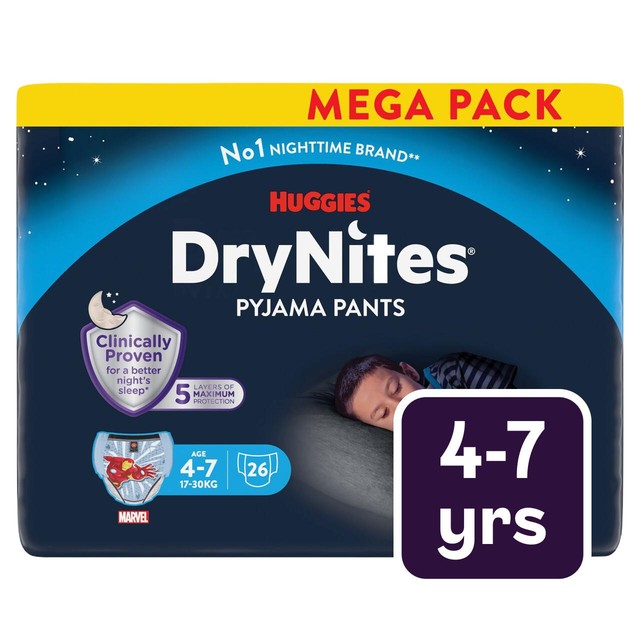 Huggies DryNites nighttime underwear for boys 4-7, mega pack - British product