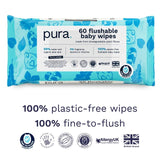 Pura plastic-free flushable baby wipes 3-pack of 60 each, imported from the UK