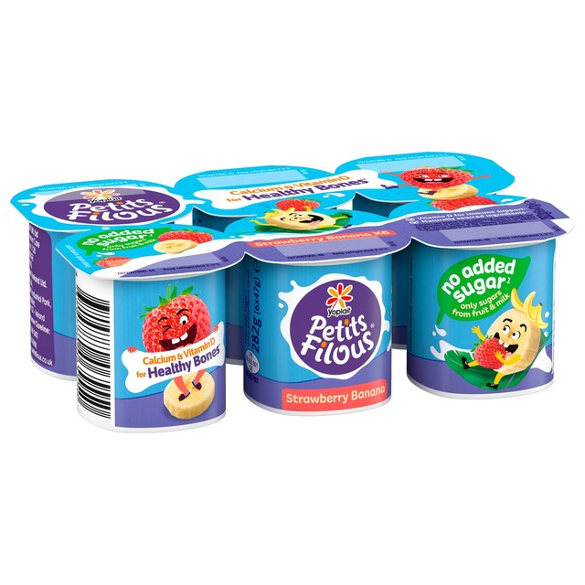 Petits Filous strawberry banana yoghurt pots 6x47g, imported from the UK