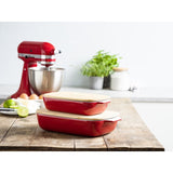 KitchenAid Empire Red stoneware rectangular casserole dish with bamboo lid 32cm, UK version