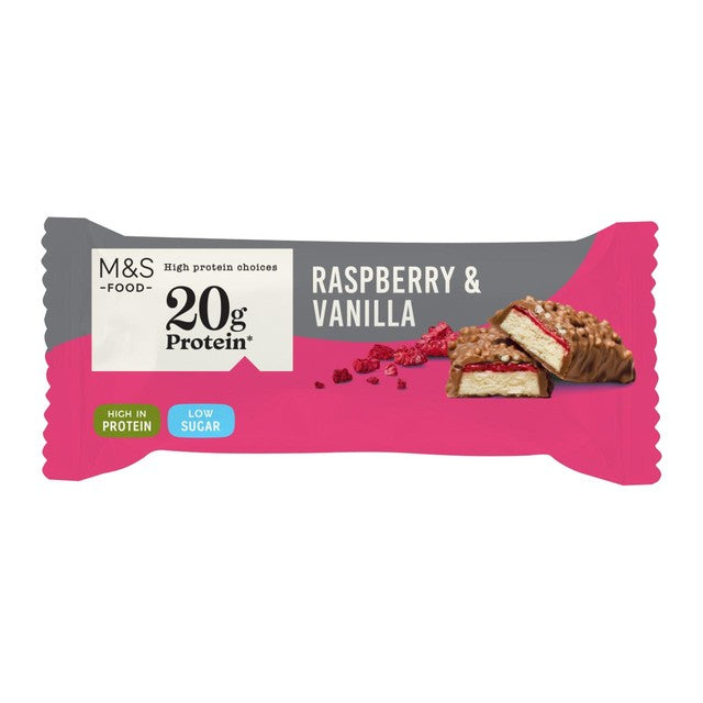 M&S raspberry and vanilla chocolate protein bar 55g, imported from the UK