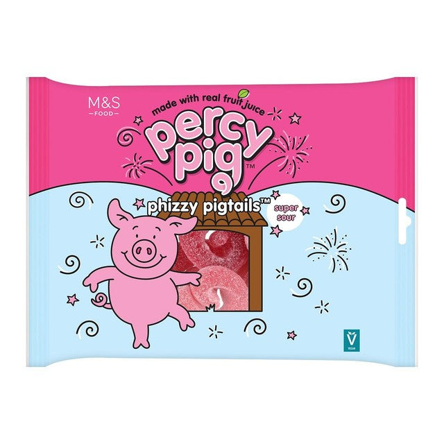 M&S Percy Pig Phizzy Pigtails sour sweets 400g, imported from the UK
