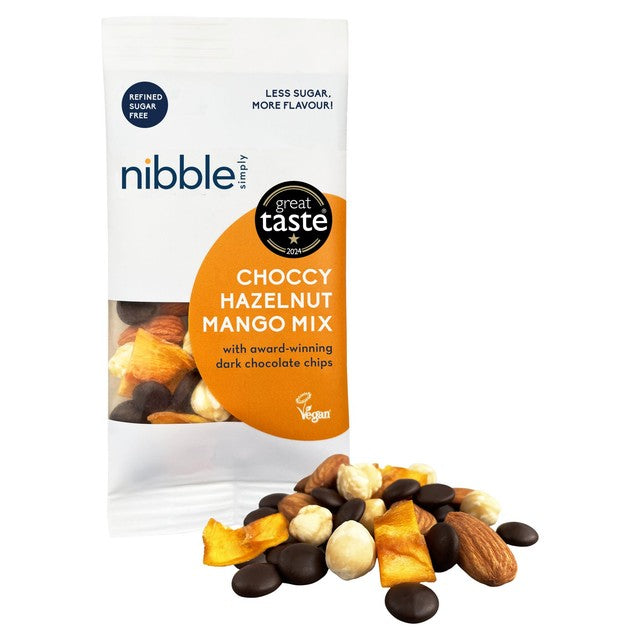 Nibble Simply Choccy Hazelnut Mango trail mix 32g, imported from the UK