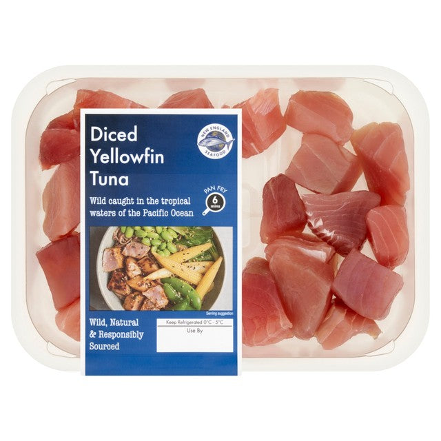 New England Seafood diced yellowfin tuna 220g, imported from the UK