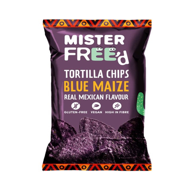 Mister Free'd blue maize tortilla chips 135g, imported from the UK