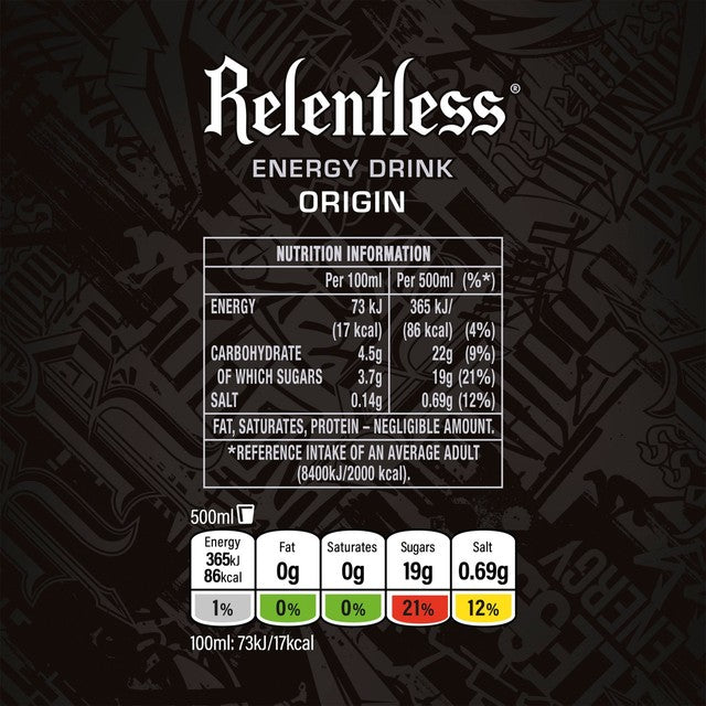 Relentless Origin energy drink 4 x 500ml, imported from the UK