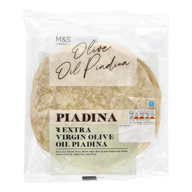 M&S extra virgin olive oil piadina flatbreads 4 pack, imported from the UK