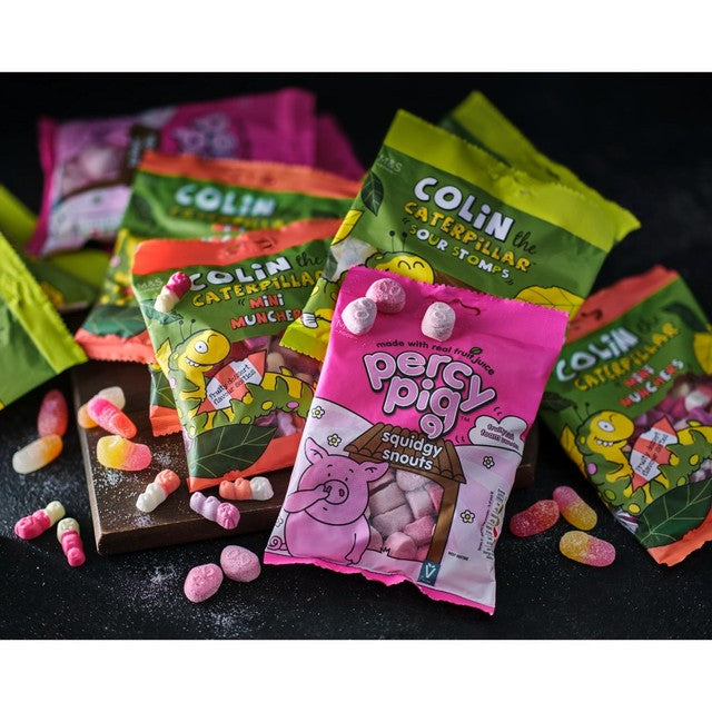M&S Colin The Caterpillar Mini Munchers assorted fruit flavour gums 150g, imported from the UK